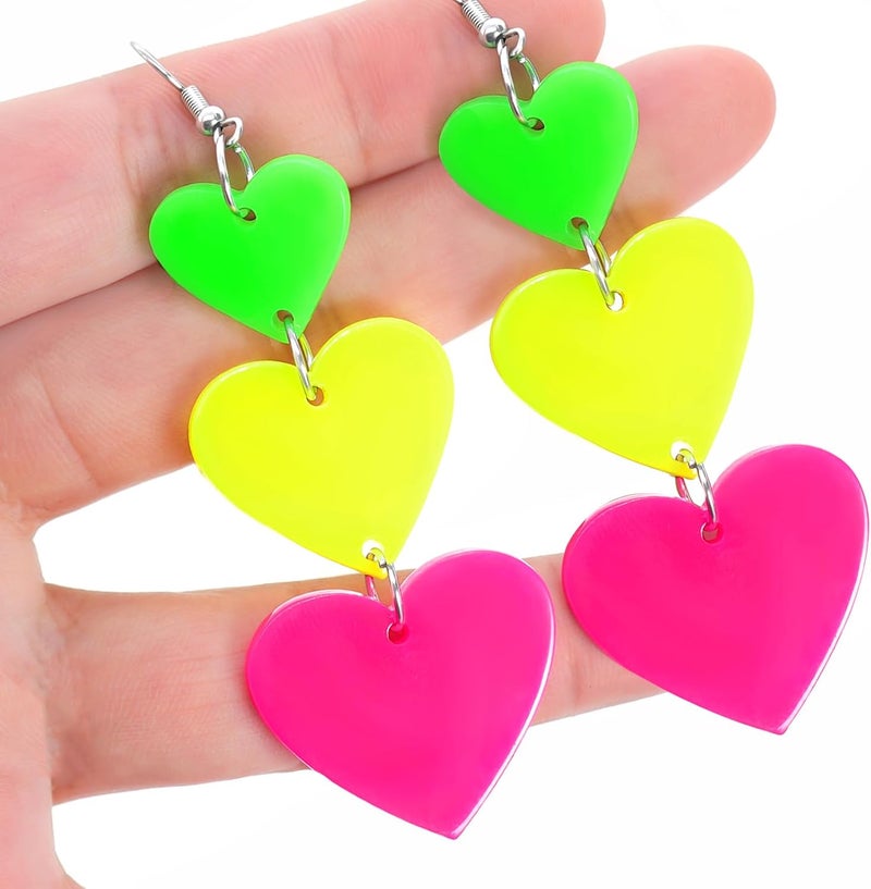 HOLYRY Neon Heart Earrings for Women Acrylic Neon Earrings 80s 90s Outfit for Women Glow Party Accessories Gifts Hot Pink Orange Green Yellow - Image 4